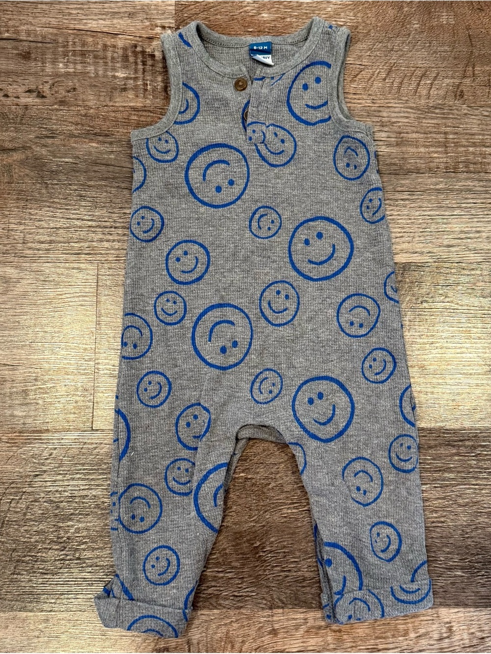 Old Navy Gray Tank Top Romper Blue Smiley Faces All Over Print 6-12 Months